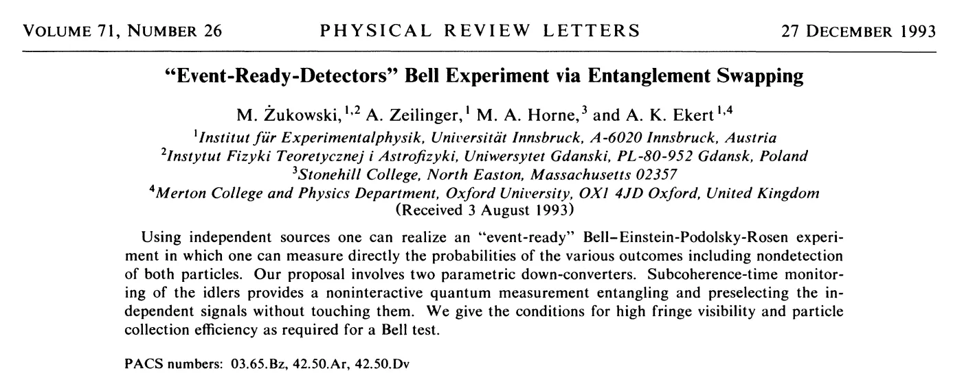 Title and abstract of the 1993 paper “‘Event-Ready-Detectors’ Bell Experiment via Entanglement Swapping”